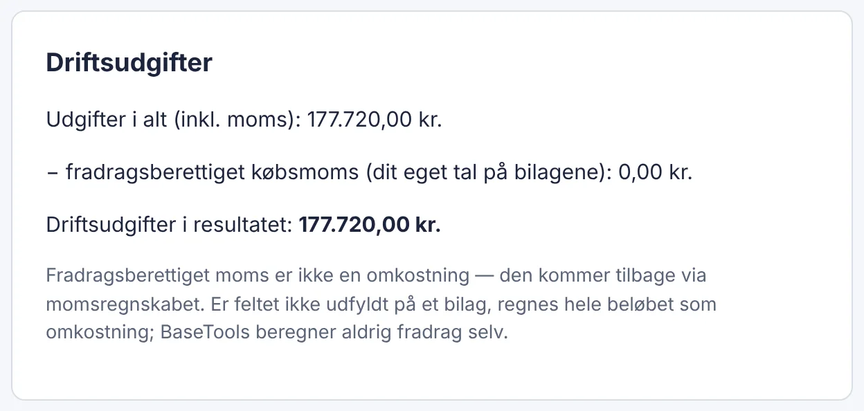 Driftsudgifter i BaseTools: udgifter i alt, fradragsberettiget købsmoms og driftsudgifterne i resultatet