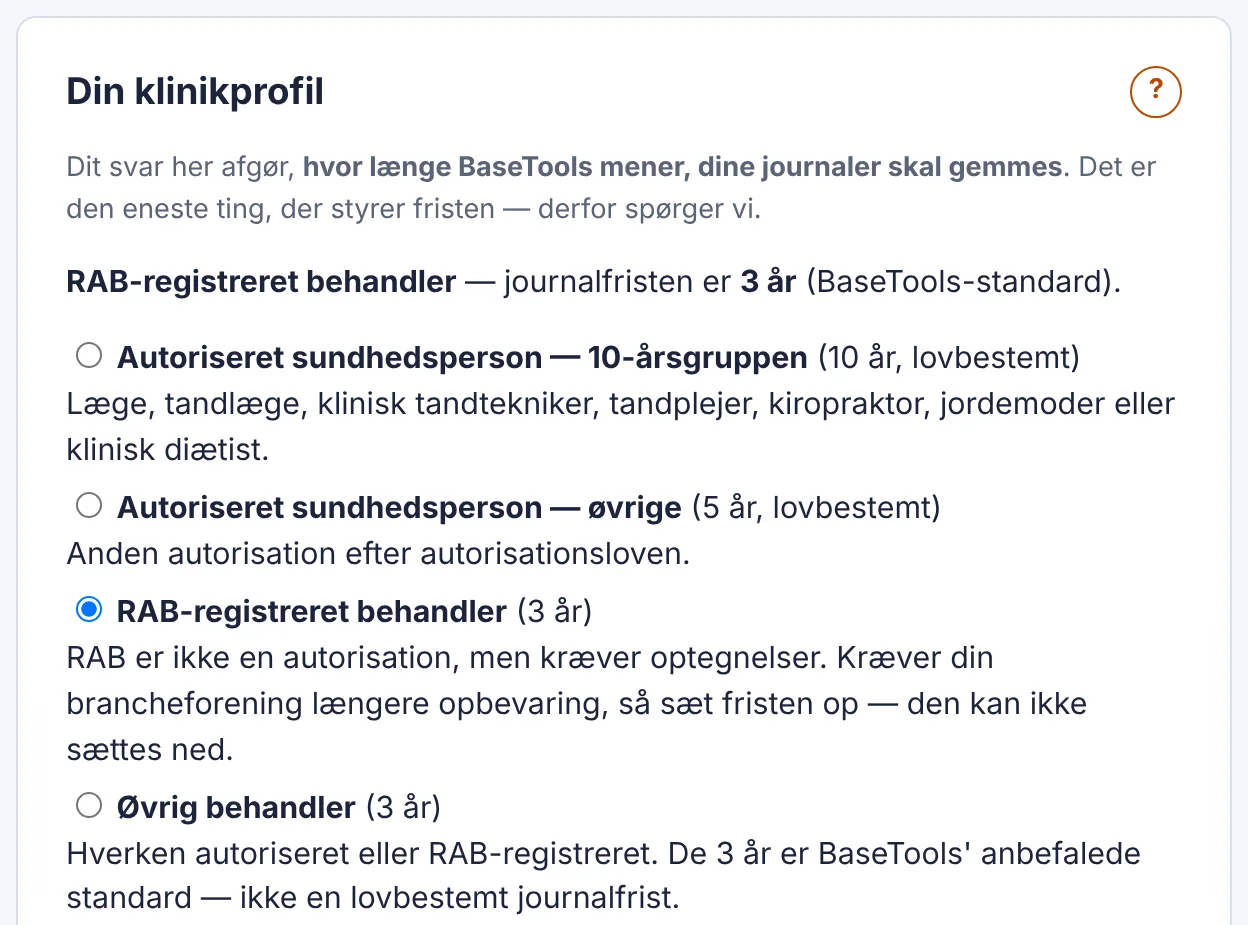 Klinikprofilen i BaseTools med RAB-registreret behandler valgt og en frist på 3 år for journalen