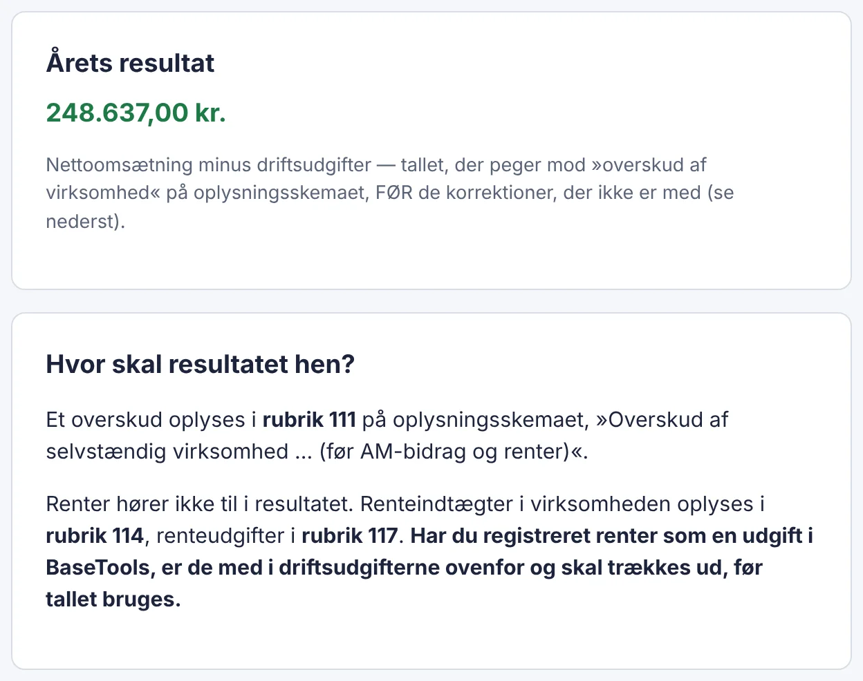 Tal til selvangivelsen i BaseTools: årets resultat og at et overskud oplyses i rubrik 111 på oplysningsskemaet