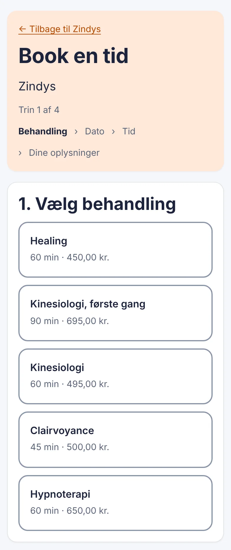 Bookingsiden hos en alternativ behandler: kunden vælger healing, kinesiologi eller clairvoyance, dato og tid