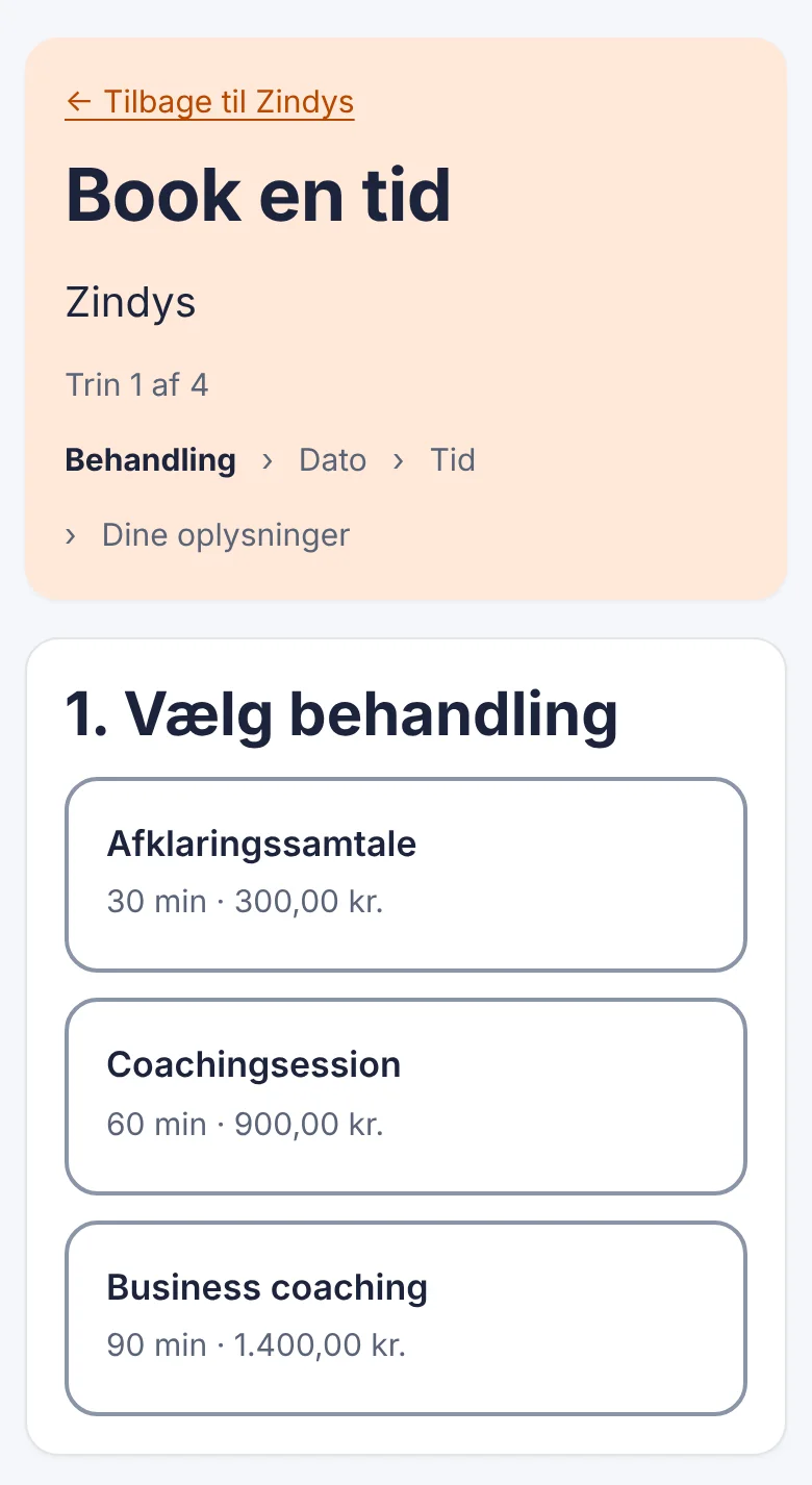 Bookingsiden hos en coach: klienten vælger afklaringssamtale eller session, dato og tid
