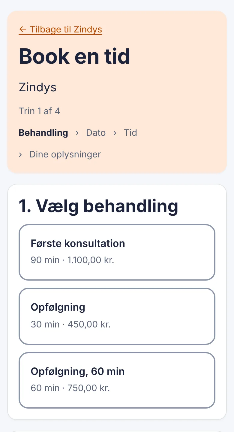 Bookingsiden hos en ernæringsterapeut: klienten vælger første konsultation eller opfølgning, dato og tid