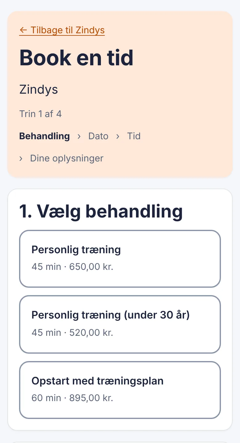 Bookingsiden hos en personlig træner: kunden vælger personlig træning eller træning for unge under 30, dato og tid