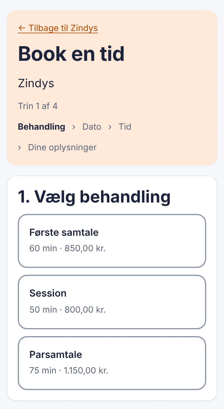 Bookingsiden hos en terapeut: klienten vælger første samtale, session eller parsamtale, dato og tid