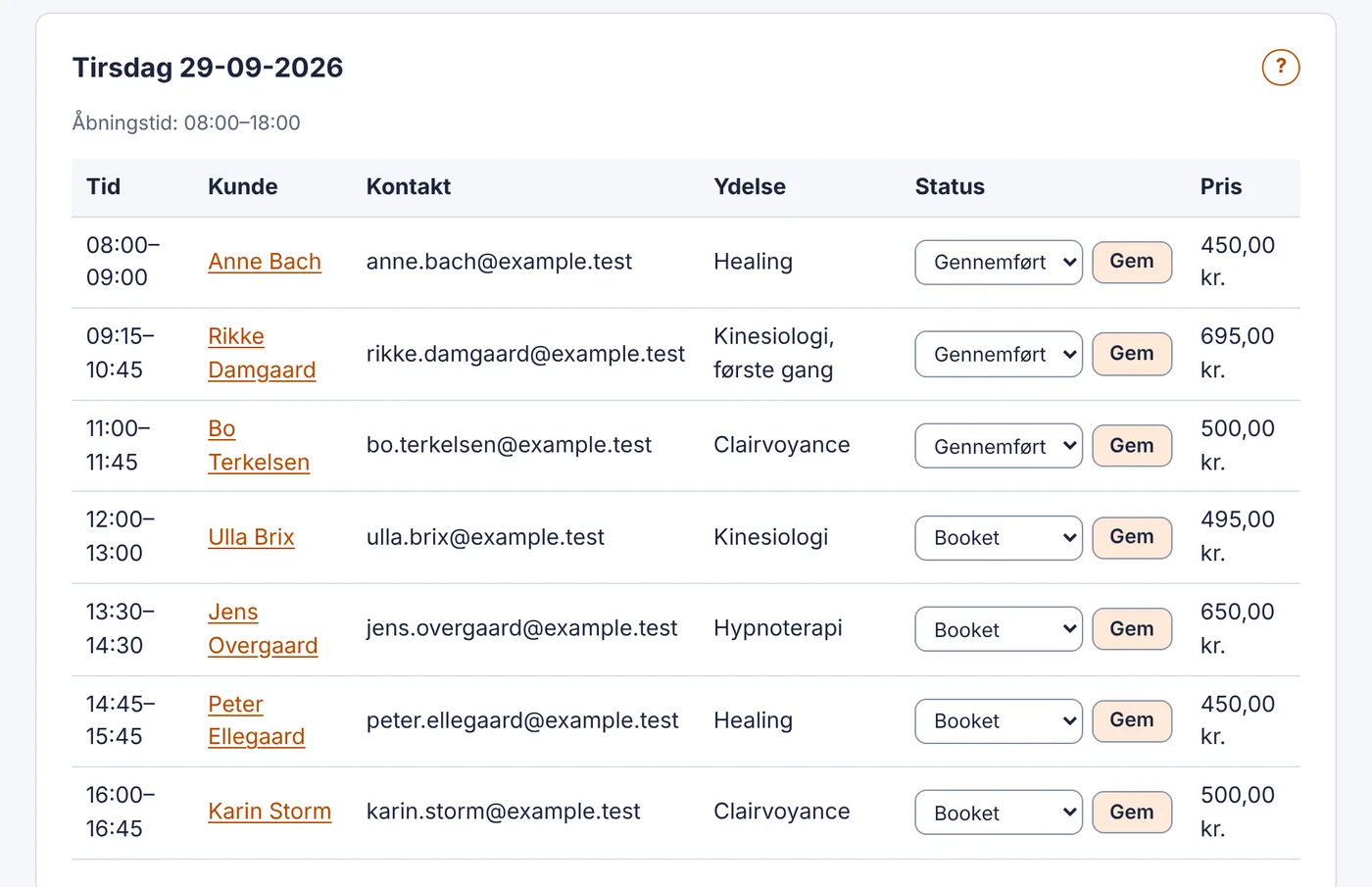 Dagens aftaler med healing, kinesiologi og clairvoyance, status og pris