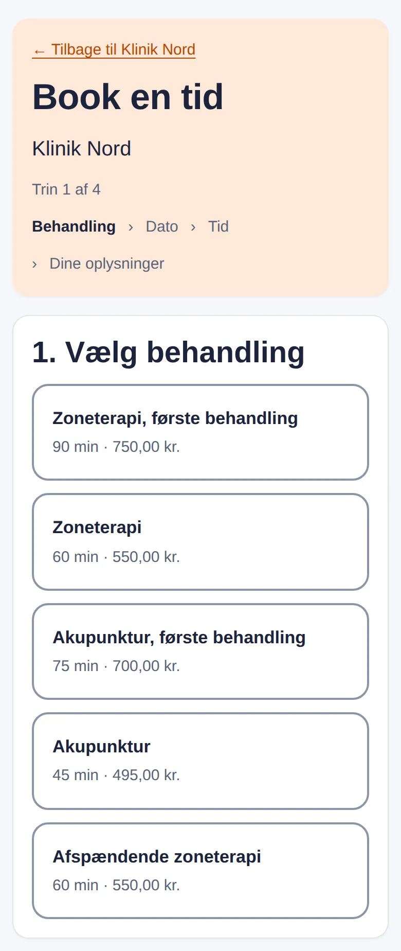 Bookingsiden hos en behandler: kunden vælger zoneterapi eller akupunktur, dato og tid