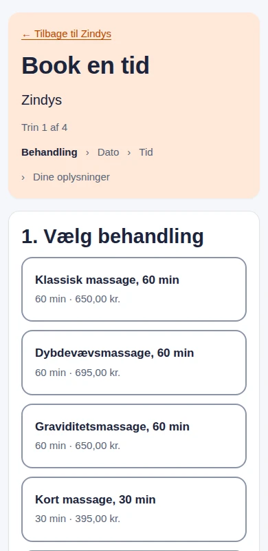 Bookingsiden paa en telefon: vaelg behandling, dato og tid