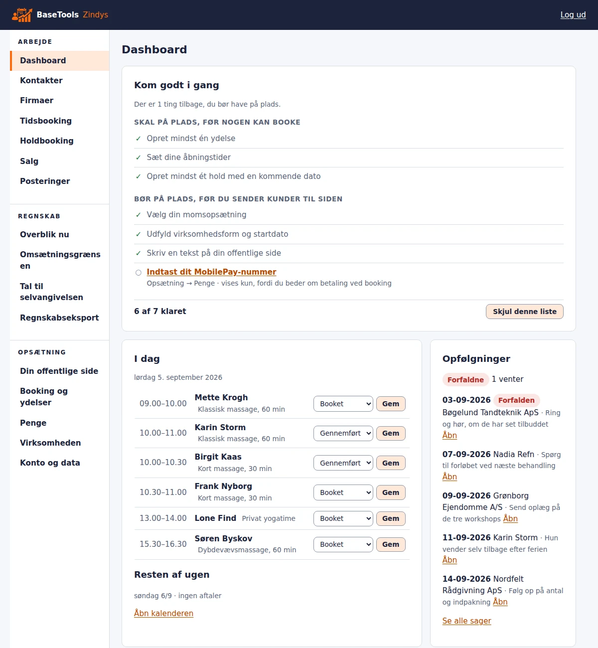 BaseTools' dashboard: huskeliste, dagens aftaler, opfoelgninger og oekonomi